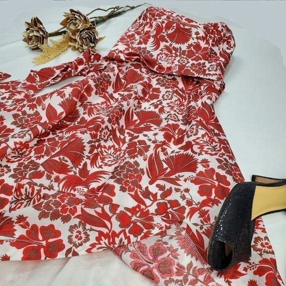 🔴 Campaign Brown Red Floral Belted Strapless Dress Size 6 - Picture 15 of 15